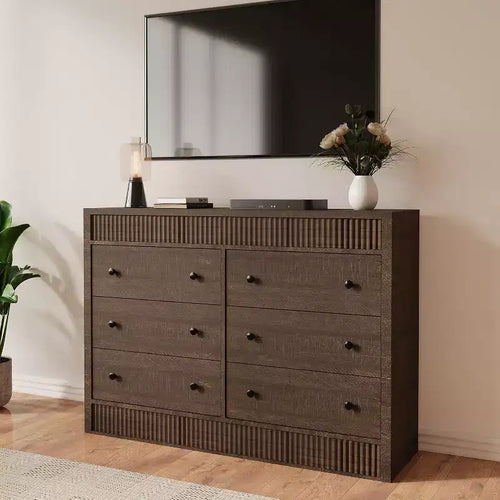 Commode 6 tiroirs au design cannelé en bois, commode moderne en chêne, organisateur de rangement pour chambre à coucher, salon, couloir, entrée, chêne naturel