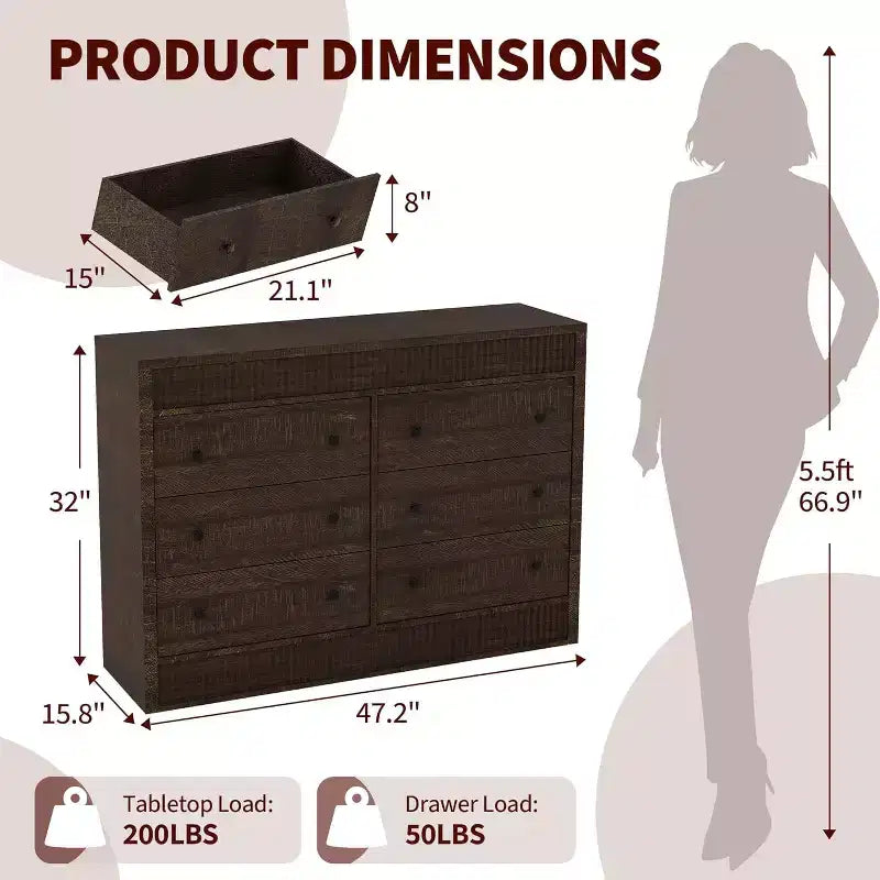 Commode 6 tiroirs au design cannelé en bois, commode moderne en chêne, organisateur de rangement pour chambre à coucher, salon, couloir, entrée, chêne naturel