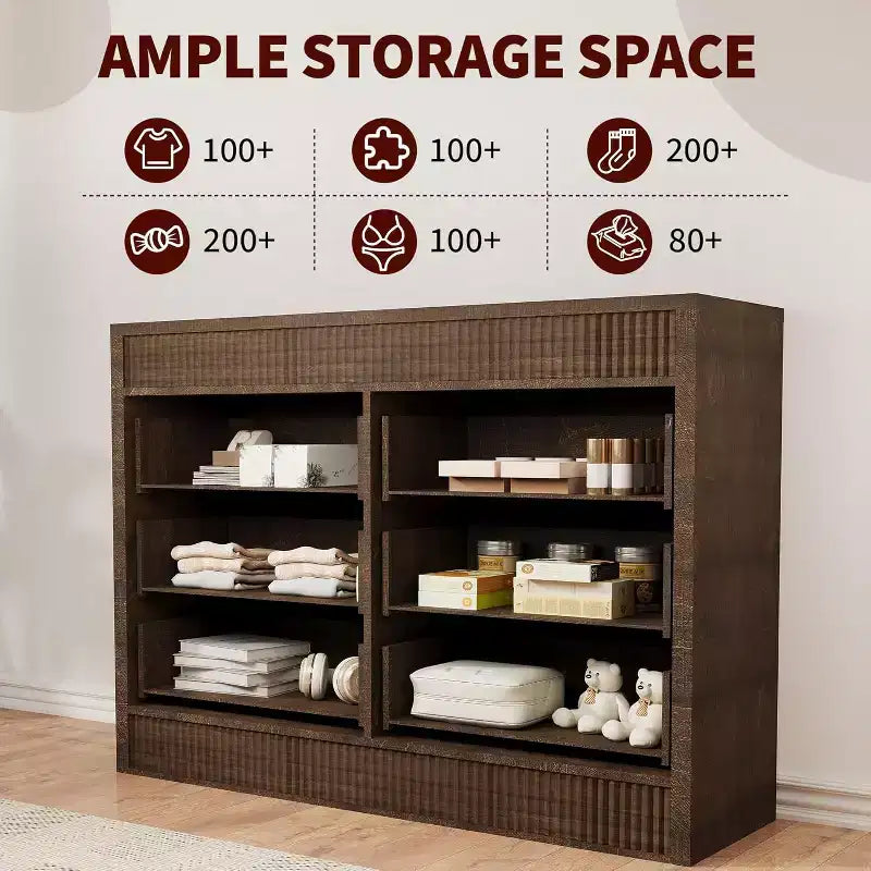 Commode 6 tiroirs au design cannelé en bois, commode moderne en chêne, organisateur de rangement pour chambre à coucher, salon, couloir, entrée, chêne naturel