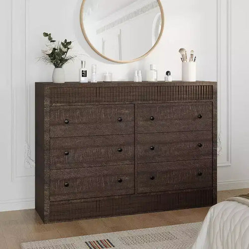 6-Drawer Dresser with Wooden Fluted Design, Modern Oak Chest of Drawers, Storage Organizer for Bedroom, Living Room, Hallway, Entryway, Natural Oak