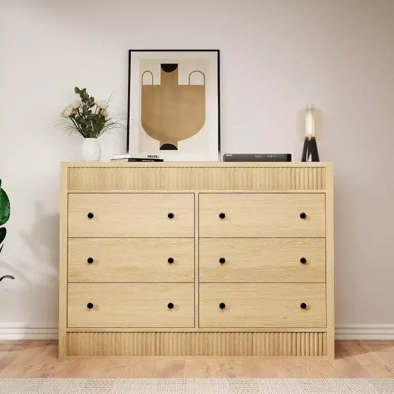 Commode 6 tiroirs au design cannelé en bois, commode moderne en chêne, organisateur de rangement pour chambre à coucher, salon, couloir, entrée, chêne naturel