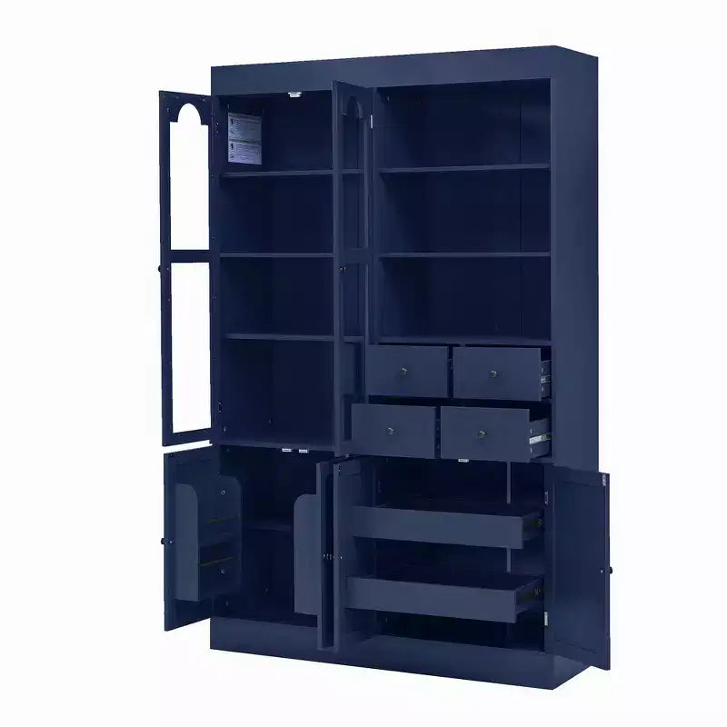 Buffet autoportant Whisen avec huche, armoire de cuisine haute avec 4 tiroirs, étagères de porte et plateaux coulissants