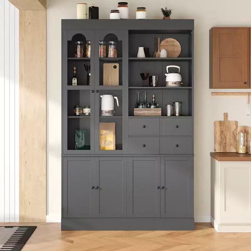 Buffet autoportant Whisen avec huche, armoire de cuisine haute avec 4 tiroirs, étagères de porte et plateaux coulissants