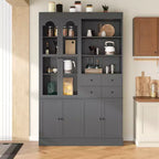 Buffet autoportant Whisen avec huche, armoire de cuisine haute avec 4 tiroirs, étagères de porte et plateaux coulissants