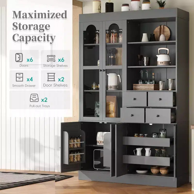 Buffet autoportant Whisen avec huche, armoire de cuisine haute avec 4 tiroirs, étagères de porte et plateaux coulissants