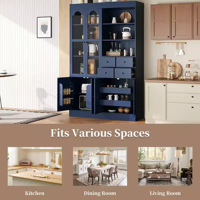 Buffet autoportant Whisen avec huche, armoire de cuisine haute avec 4 tiroirs, étagères de porte et plateaux coulissants