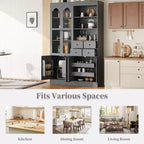Buffet autoportant Whisen avec huche, armoire de cuisine haute avec 4 tiroirs, étagères de porte et plateaux coulissants