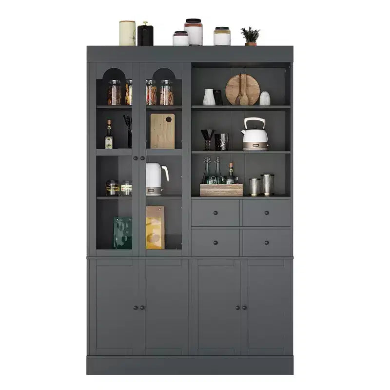 Buffet autoportant Whisen avec huche, armoire de cuisine haute avec 4 tiroirs, étagères de porte et plateaux coulissants