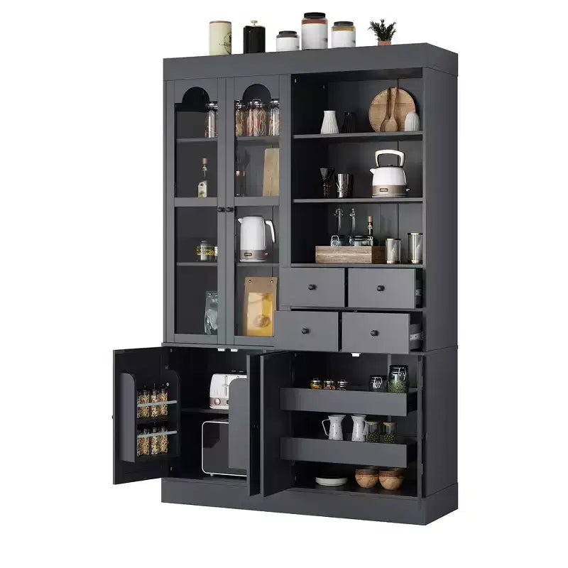 Buffet autoportant Whisen avec huche, armoire de cuisine haute avec 4 tiroirs, étagères de porte et plateaux coulissants