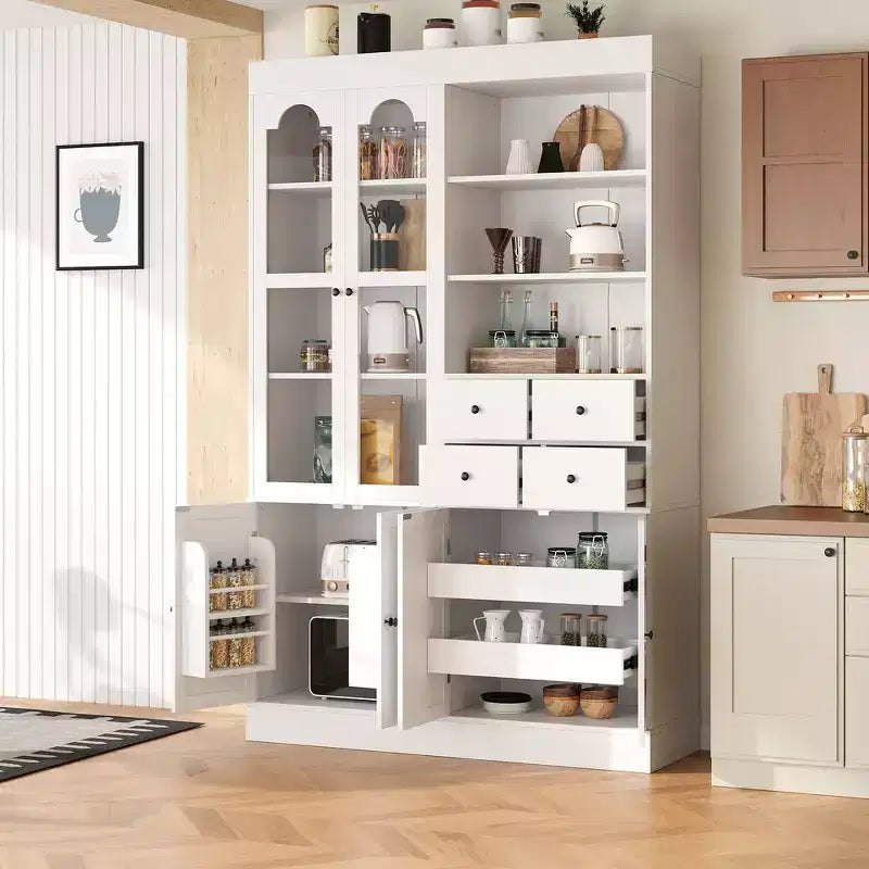 Buffet autoportant Whisen avec huche, armoire de cuisine haute avec 4 tiroirs, étagères de porte et plateaux coulissants