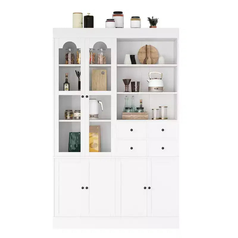 Buffet autoportant Whisen avec huche, armoire de cuisine haute avec 4 tiroirs, étagères de porte et plateaux coulissants