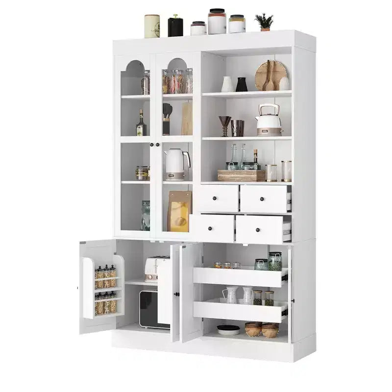 Buffet autoportant Whisen avec huche, armoire de cuisine haute avec 4 tiroirs, étagères de porte et plateaux coulissants