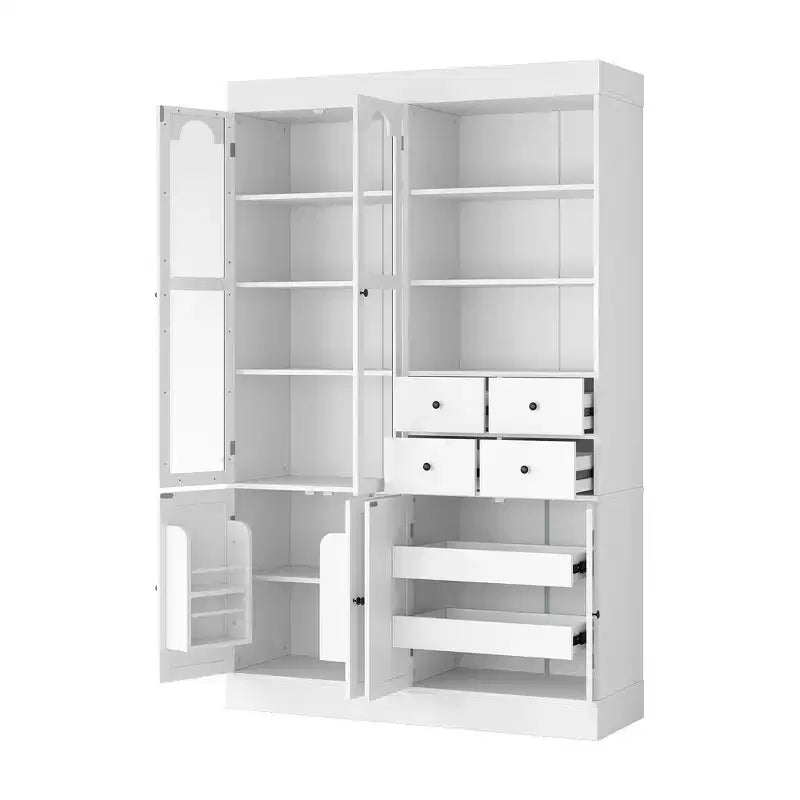 Buffet autoportant Whisen avec huche, armoire de cuisine haute avec 4 tiroirs, étagères de porte et plateaux coulissants
