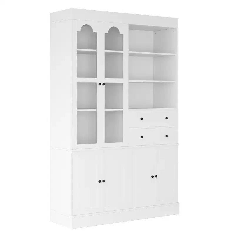 Buffet autoportant Whisen avec huche, armoire de cuisine haute avec 4 tiroirs, étagères de porte et plateaux coulissants