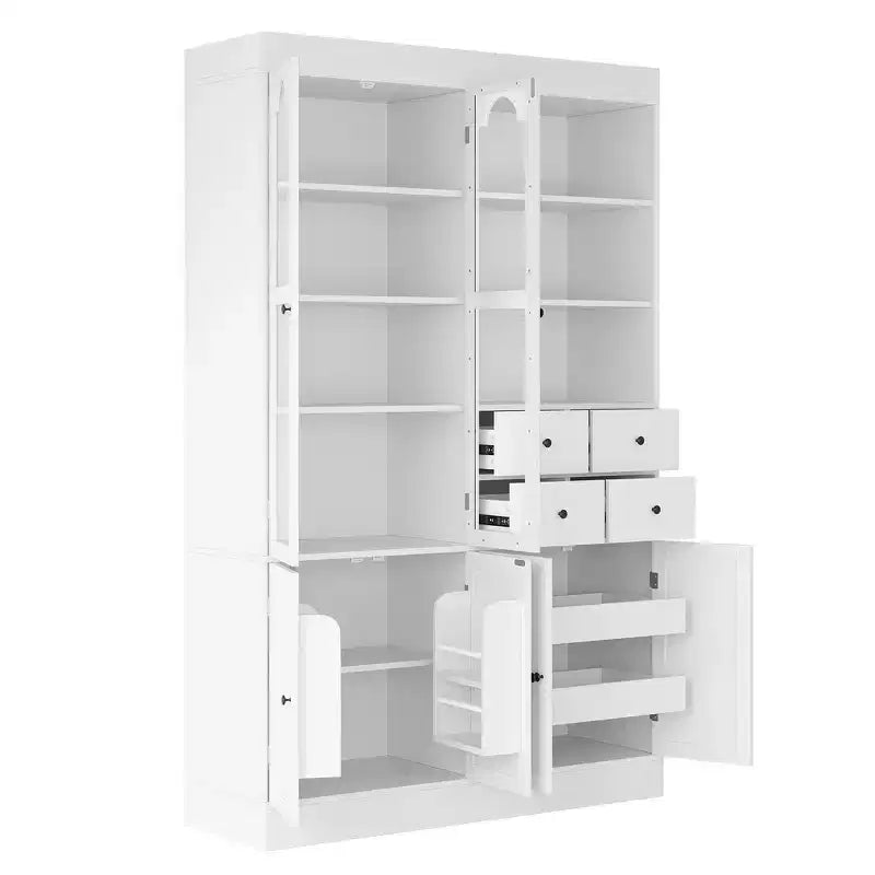 Buffet autoportant Whisen avec huche, armoire de cuisine haute avec 4 tiroirs, étagères de porte et plateaux coulissants