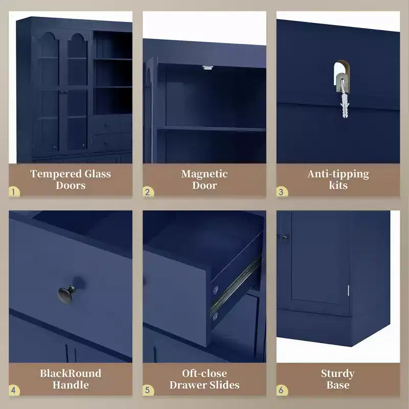 Buffet autoportant Whisen avec huche, armoire de cuisine haute avec 4 tiroirs, étagères de porte et plateaux coulissants