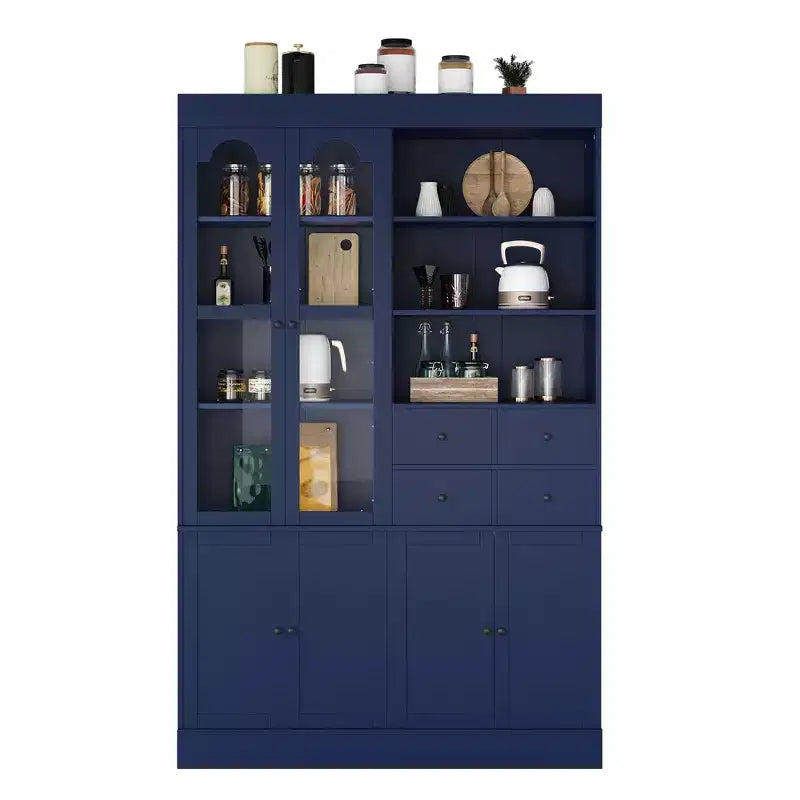 Buffet autoportant Whisen avec huche, armoire de cuisine haute avec 4 tiroirs, étagères de porte et plateaux coulissants