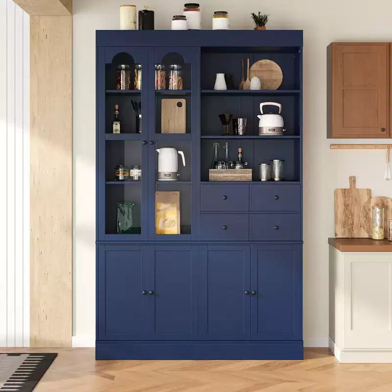 Whisen Freestanding Buffet with Hutch, Tall Kitchen Pantry Cabinet with 4 Drawers, Door Shelves and Pull-out Trays