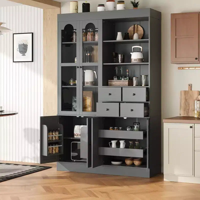 Buffet autoportant Whisen avec huche, armoire de cuisine haute avec 4 tiroirs, étagères de porte et plateaux coulissants