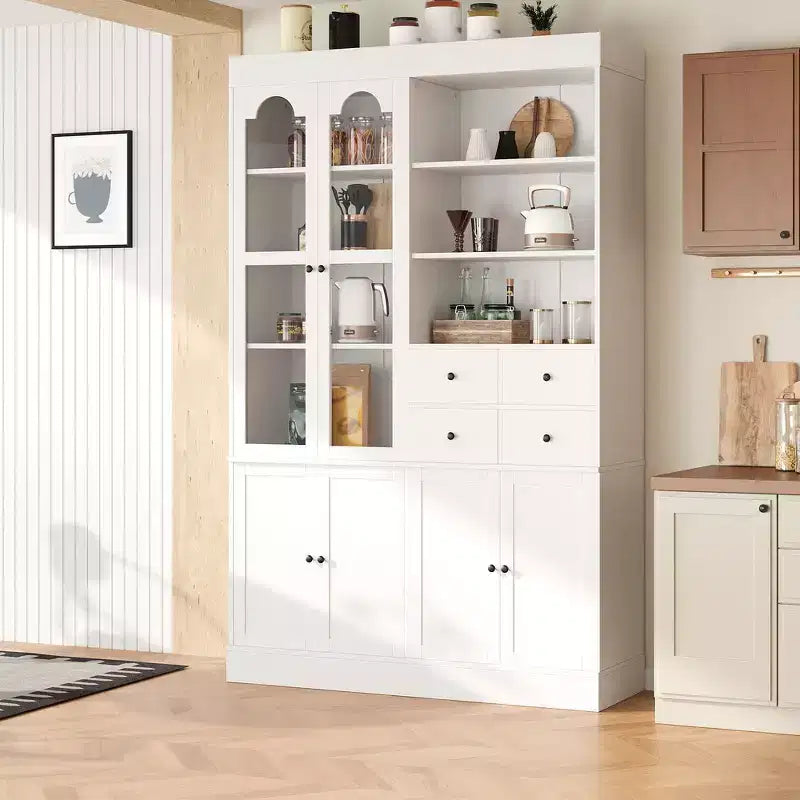 Buffet autoportant Whisen avec huche, armoire de cuisine haute avec 4 tiroirs, étagères de porte et plateaux coulissants