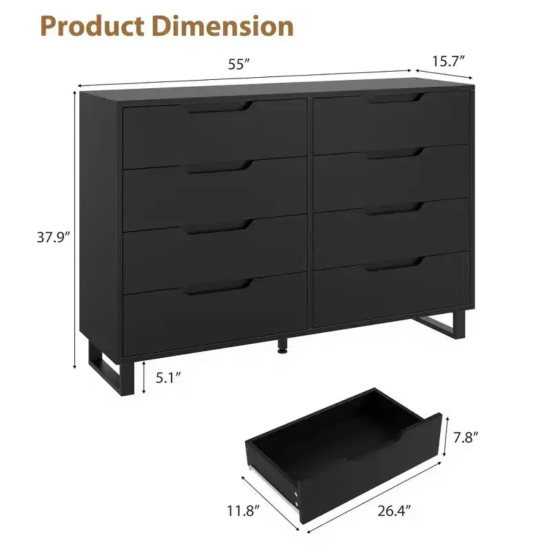 Commode Garvee 8 tiroirs pour chambre à coucher, commode de 140 cm de large, tiroirs horizontaux indépendants avec rangement, commode de rangement en bois pour chambre à coucher