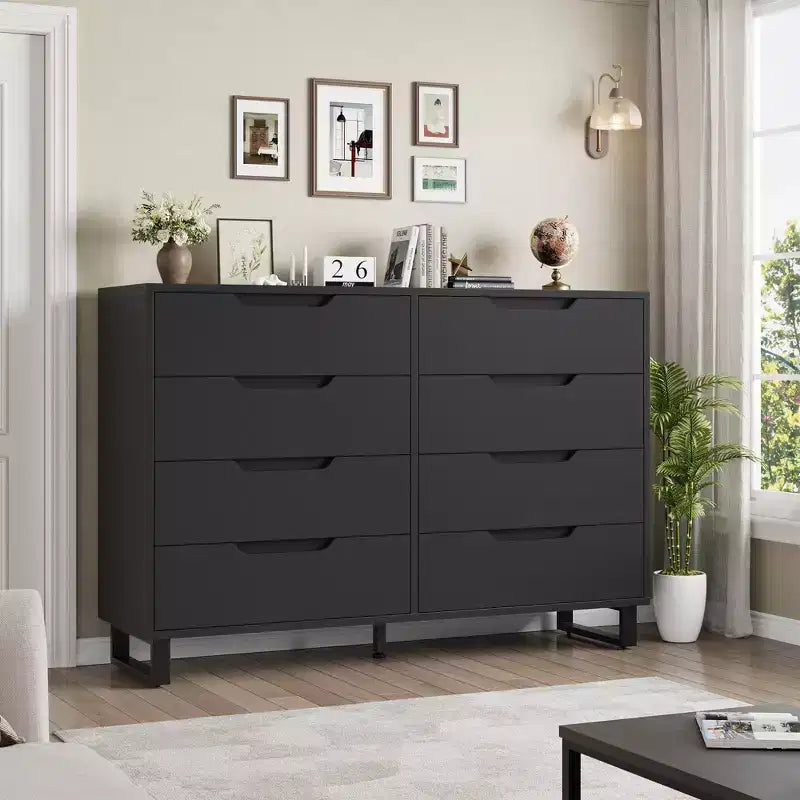 Commode Garvee 8 tiroirs pour chambre à coucher, commode de 140 cm de large, tiroirs horizontaux indépendants avec rangement, commode de rangement en bois pour chambre à coucher