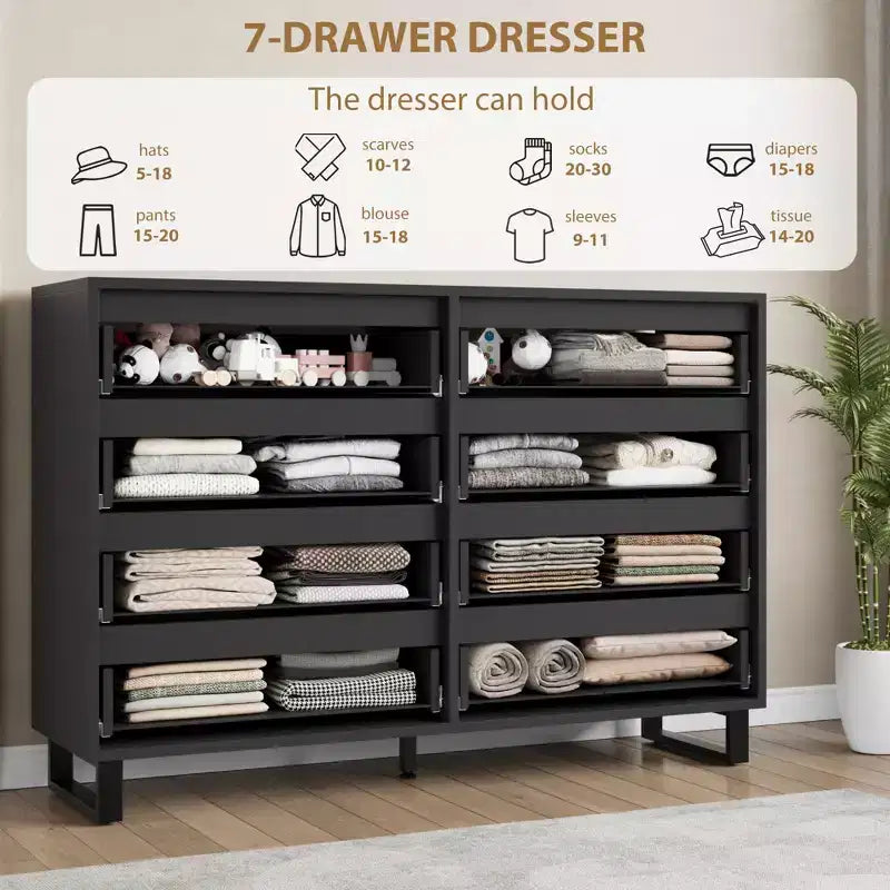 Commode Garvee 8 tiroirs pour chambre à coucher, commode de 140 cm de large, tiroirs horizontaux indépendants avec rangement, commode de rangement en bois pour chambre à coucher