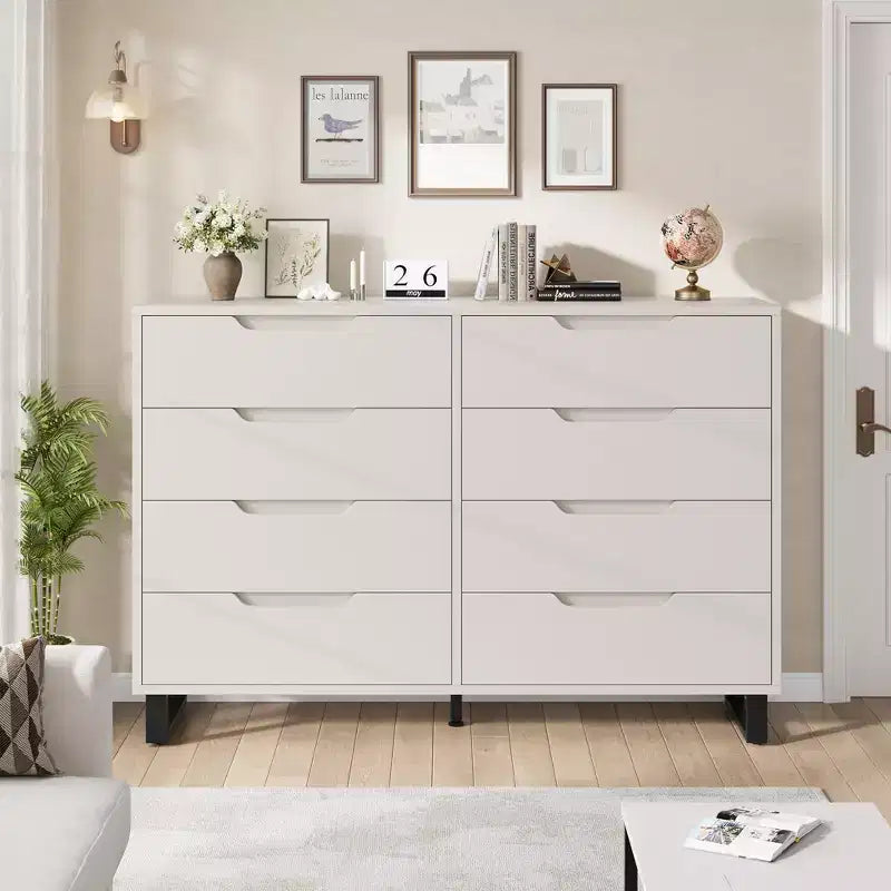 Commode Garvee 8 tiroirs pour chambre à coucher, commode de 140 cm de large, tiroirs horizontaux indépendants avec rangement, commode de rangement en bois pour chambre à coucher
