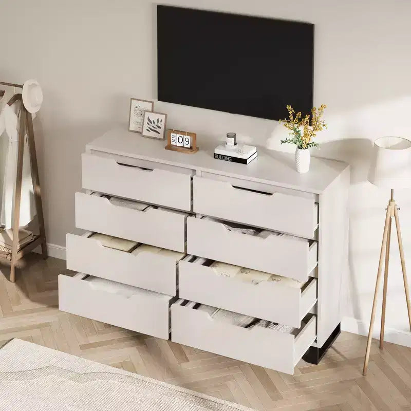 Commode Garvee 8 tiroirs pour chambre à coucher, commode de 140 cm de large, tiroirs horizontaux indépendants avec rangement, commode de rangement en bois pour chambre à coucher
