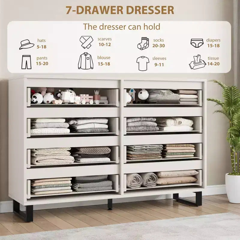 Commode Garvee 8 tiroirs pour chambre à coucher, commode de 140 cm de large, tiroirs horizontaux indépendants avec rangement, commode de rangement en bois pour chambre à coucher