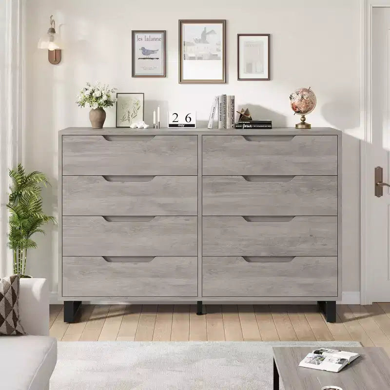 Commode Garvee 8 tiroirs pour chambre à coucher, commode de 140 cm de large, tiroirs horizontaux indépendants avec rangement, commode de rangement en bois pour chambre à coucher