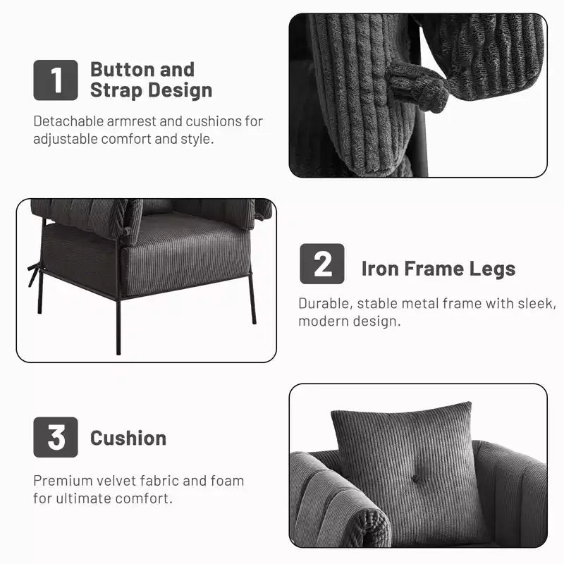 Fauteuil une place et demie Furniliving, Fauteuil de canapé confortable avec oreiller, Fauteuil de lecture avec cadre métallique, coussin doux rembourré, Velours côtelé