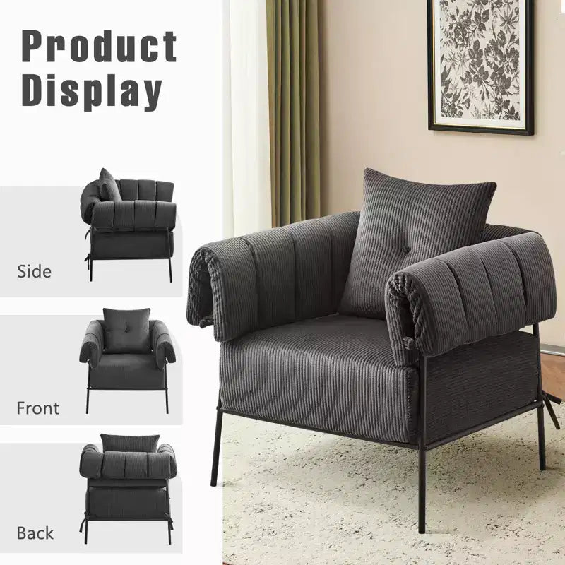 Fauteuil une place et demie Furniliving, Fauteuil de canapé confortable avec oreiller, Fauteuil de lecture avec cadre métallique, coussin doux rembourré, Velours côtelé