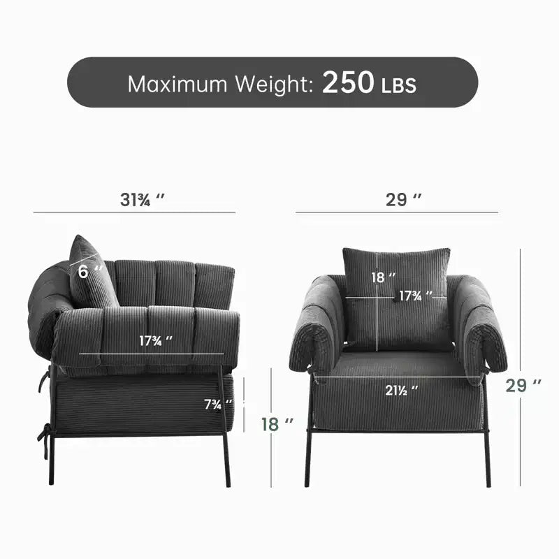 Fauteuil une place et demie Furniliving, Fauteuil de canapé confortable avec oreiller, Fauteuil de lecture avec cadre métallique, coussin doux rembourré, Velours côtelé