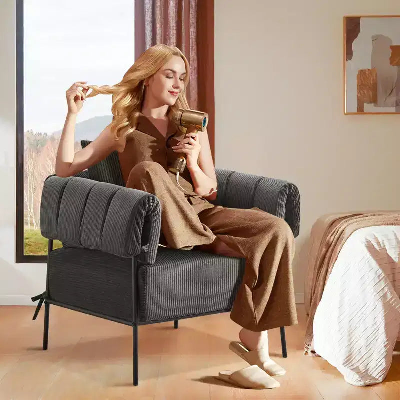 Fauteuil une place et demie Furniliving, Fauteuil de canapé confortable avec oreiller, Fauteuil de lecture avec cadre métallique, coussin doux rembourré, Velours côtelé