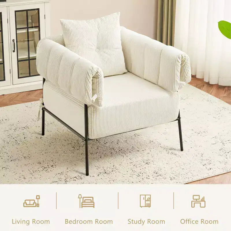 Fauteuil une place et demie Furniliving, Fauteuil de canapé confortable avec oreiller, Fauteuil de lecture avec cadre métallique, coussin doux rembourré, Velours côtelé