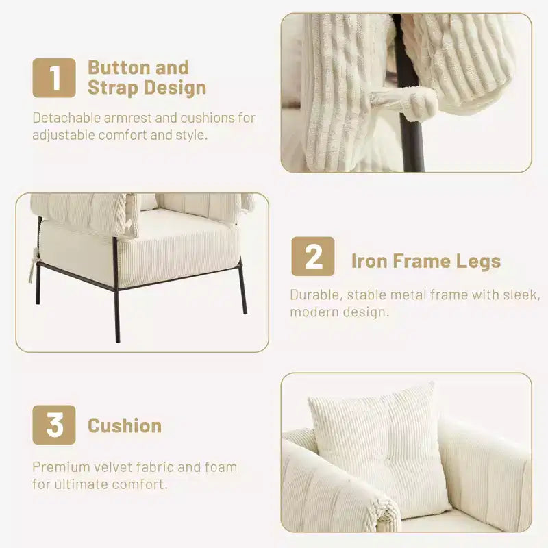 Fauteuil une place et demie Furniliving, Fauteuil de canapé confortable avec oreiller, Fauteuil de lecture avec cadre métallique, coussin doux rembourré, Velours côtelé
