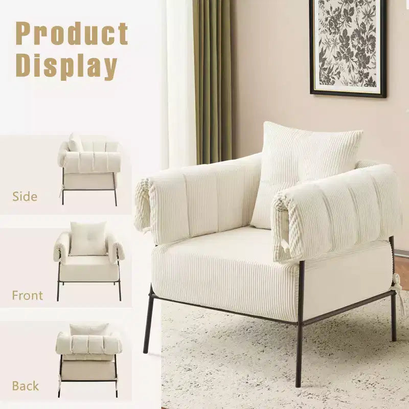 Fauteuil une place et demie Furniliving, Fauteuil de canapé confortable avec oreiller, Fauteuil de lecture avec cadre métallique, coussin doux rembourré, Velours côtelé