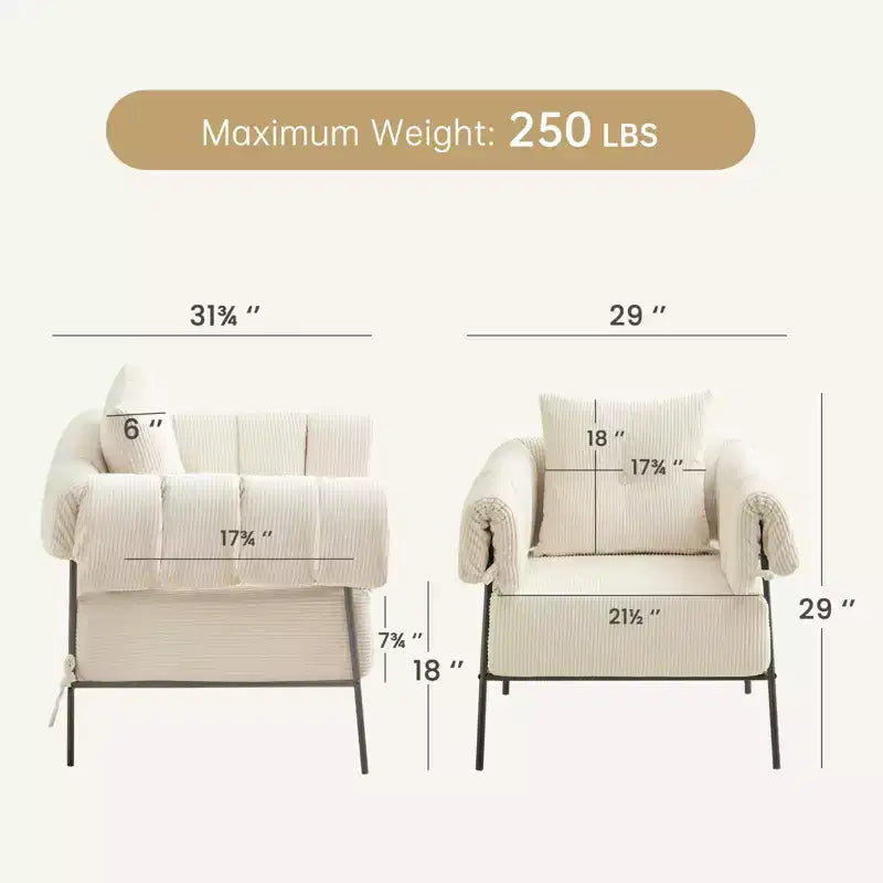 Fauteuil une place et demie Furniliving, Fauteuil de canapé confortable avec oreiller, Fauteuil de lecture avec cadre métallique, coussin doux rembourré, Velours côtelé