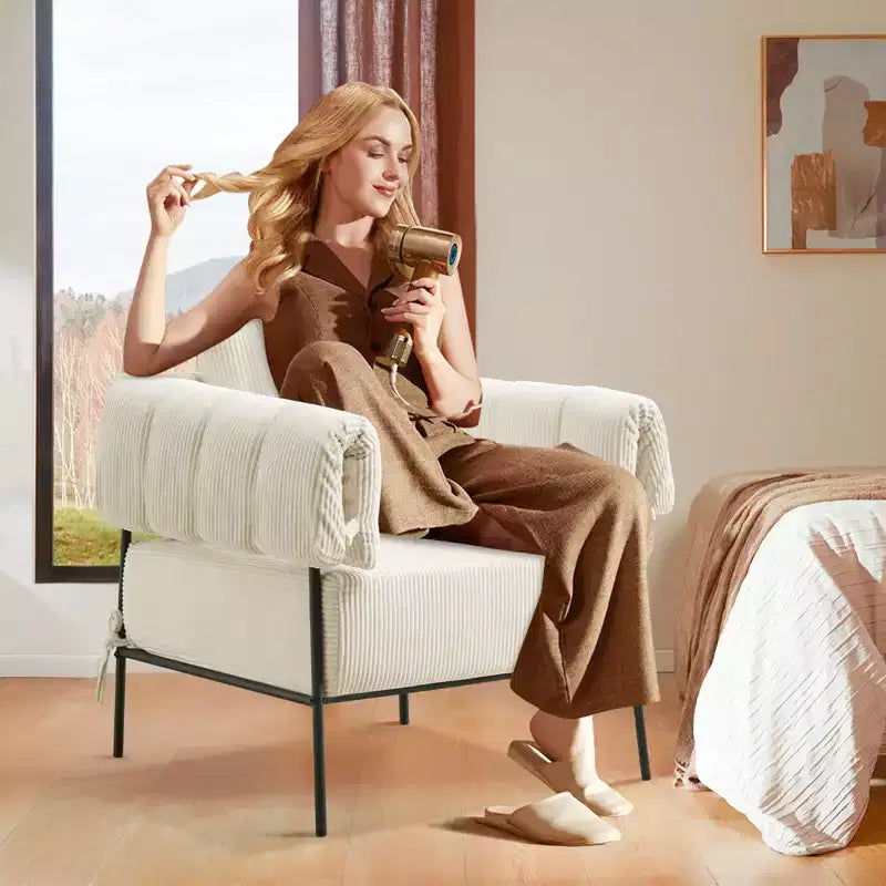 Fauteuil une place et demie Furniliving, Fauteuil de canapé confortable avec oreiller, Fauteuil de lecture avec cadre métallique, coussin doux rembourré, Velours côtelé