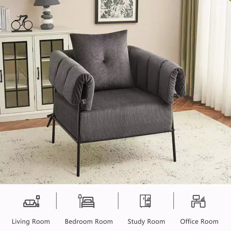 Fauteuil une place et demie Furniliving, Fauteuil de canapé confortable avec oreiller, Fauteuil de lecture avec cadre métallique, coussin doux rembourré, Velours côtelé