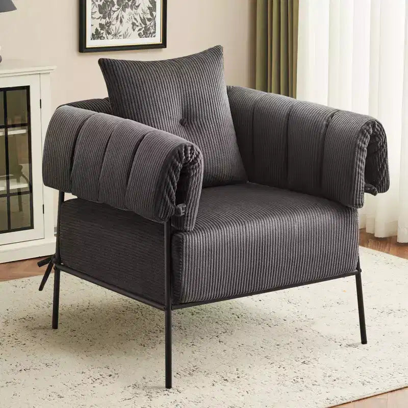 Fauteuil une place et demie Furniliving, Fauteuil de canapé confortable avec oreiller, Fauteuil de lecture avec cadre métallique, coussin doux rembourré, Velours côtelé