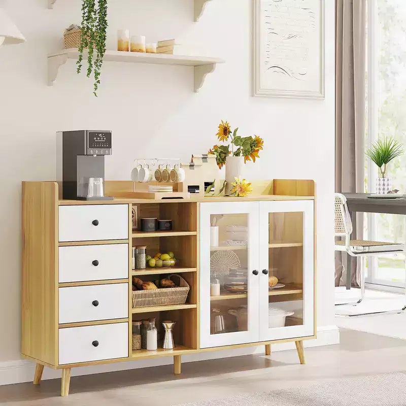 COZONY 55 Meuble de Rangement Buffet de Ferme, Bahut de Cuisine en Bois avec Portes Vitrées et Étagères Réglables, Grande Station de Bar à Café