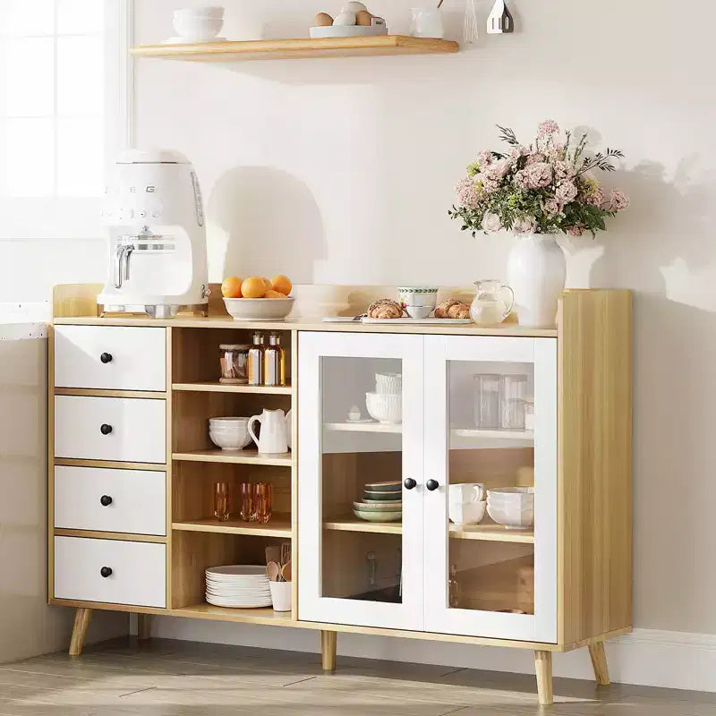 COZONY 55 Meuble de Rangement Buffet de Ferme, Bahut de Cuisine en Bois avec Portes Vitrées et Étagères Réglables, Grande Station de Bar à Café
