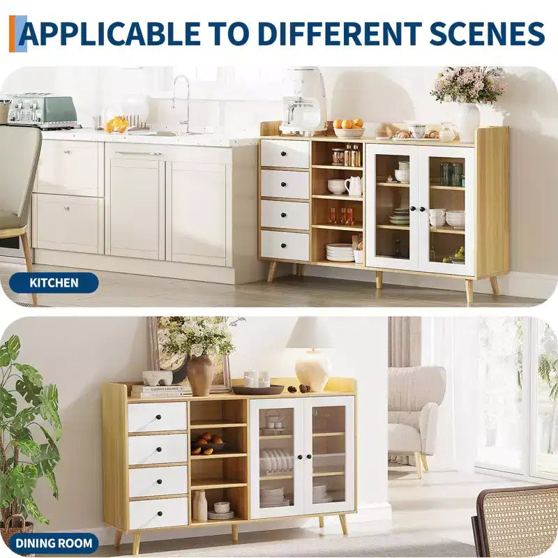COZONY 55 Meuble de Rangement Buffet de Ferme, Bahut de Cuisine en Bois avec Portes Vitrées et Étagères Réglables, Grande Station de Bar à Café
