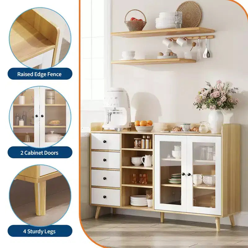 COZONY 55 Meuble de Rangement Buffet de Ferme, Bahut de Cuisine en Bois avec Portes Vitrées et Étagères Réglables, Grande Station de Bar à Café