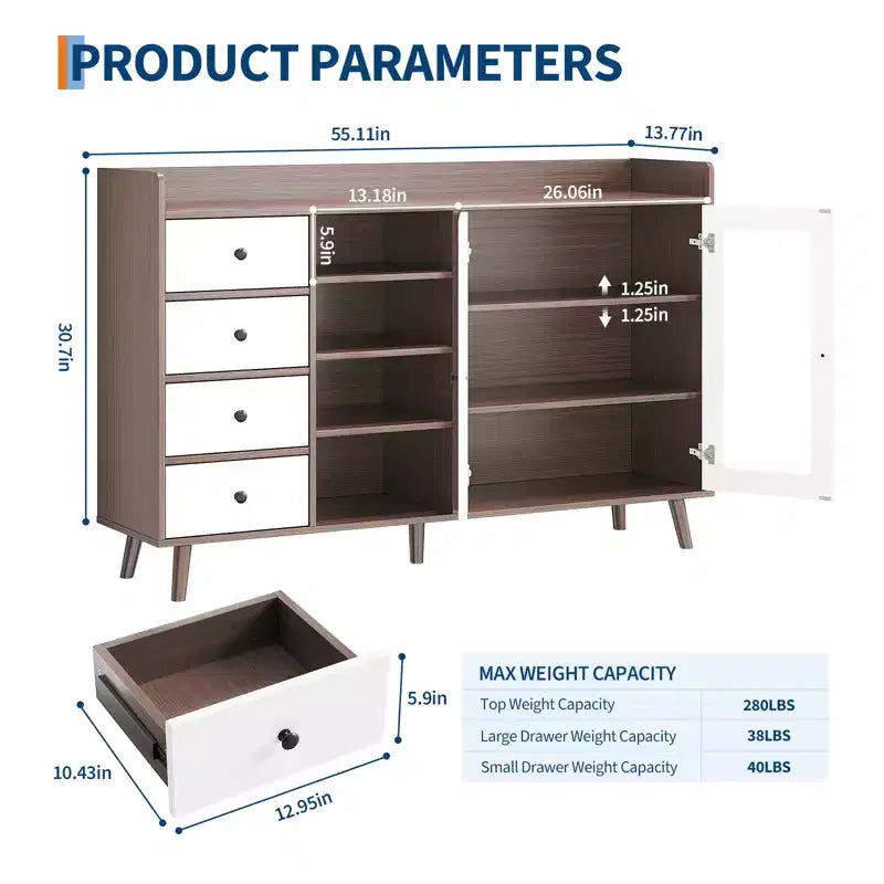 COZONY 55 Meuble de Rangement Buffet de Ferme, Bahut de Cuisine en Bois avec Portes Vitrées et Étagères Réglables, Grande Station de Bar à Café