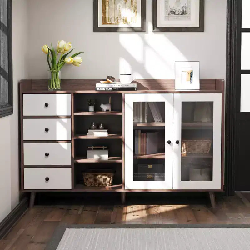 COZONY 55 Meuble de Rangement Buffet de Ferme, Bahut de Cuisine en Bois avec Portes Vitrées et Étagères Réglables, Grande Station de Bar à Café