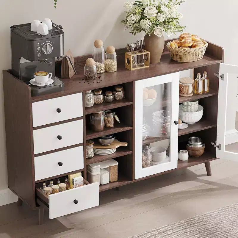 COZONY 55 Meuble de Rangement Buffet de Ferme, Bahut de Cuisine en Bois avec Portes Vitrées et Étagères Réglables, Grande Station de Bar à Café