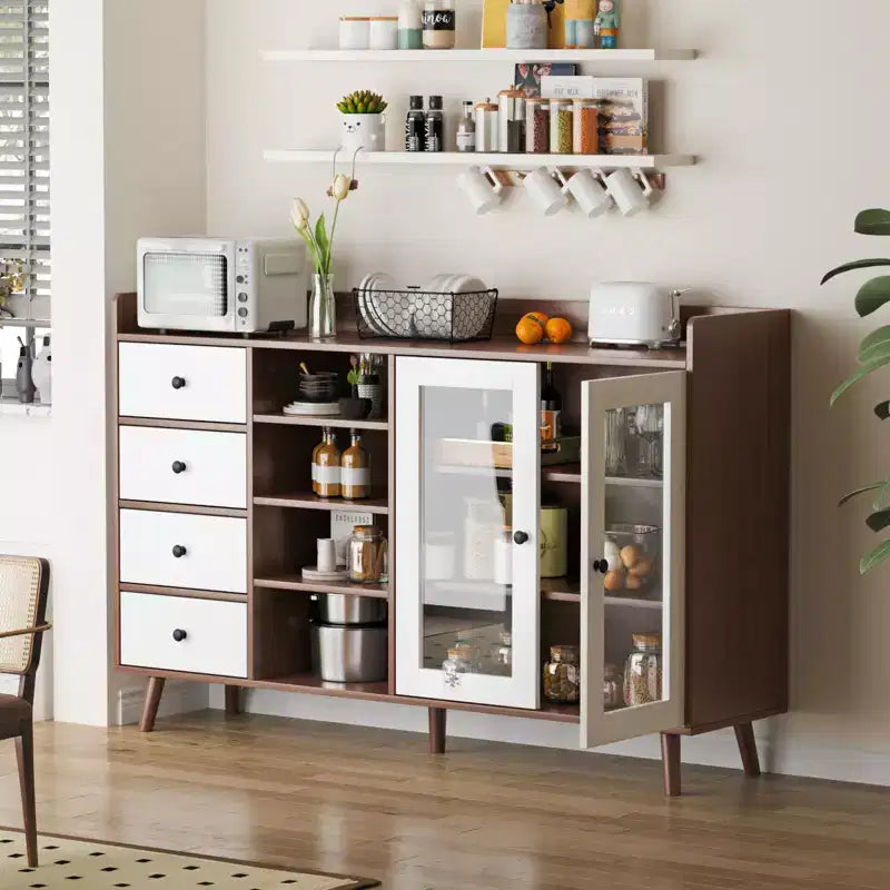 COZONY 55 Meuble de Rangement Buffet de Ferme, Bahut de Cuisine en Bois avec Portes Vitrées et Étagères Réglables, Grande Station de Bar à Café